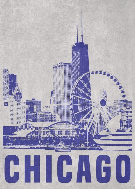 'Chicago' Poster, picture, metal print, paint by denvector | Displate Chicago Astethic Wallpaper, Blue Chicago Aesthetic, Vintage Chicago Poster, Travel Prints Gallery Wall, Chicago Stickers, Chicago City Aesthetic, Chicago Graphic Design, Chicago Graphic, Chicago Art Print