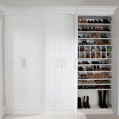 Love the shoe closet! http://www.houzz.com/photos/2011573/Dressing-Room-Shoe-Closet-traditional-clothes-and-shoes-organizers-new-york Shoe And Coat Closet, Storage Closets, Diy Storage Bed, Landing Strip, Extra Space Storage, Creative Closets, Room Storage Diy, Amazing Closets, Closet Room