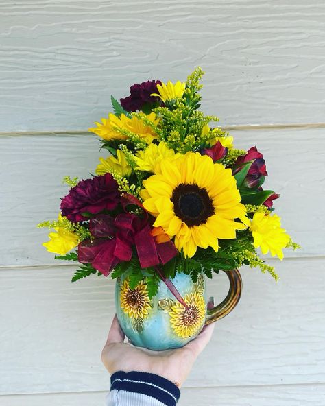 This arrangement is a mug with sunflowers located in A Montana flower shop Mug Flower Arrangements, Sunflower Mug, Flower Gift Ideas, Keeping Chickens, Birthday Mug, Grow Your Own Food, Permaculture, Flower Gift, Flower Shop