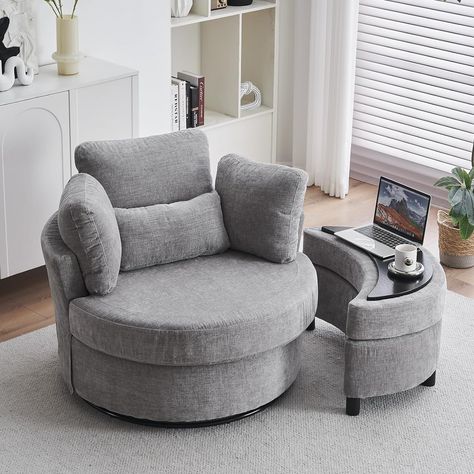 DEKKETO Swivel Cuddle Sofa Chair With Footstool Set, Chenille Single Tub Chair With Four Pillow, Snuggle Barrel Chair With Thick Cushion For Adults, Accent Round Armchairs For Living Room, Light Grey Pillow Snuggle, Ottoman Coffee Table Decor, Circular Chair, Cuddle Sofa, Library Rooms, Home Library Rooms, Cuddle Chair, Living Room Light, Glam Living