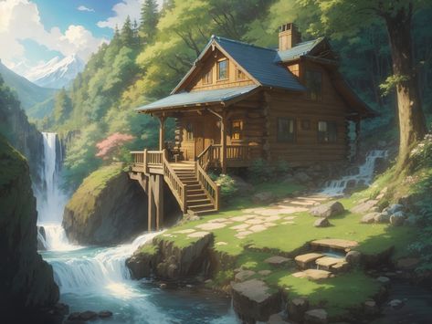 Anime Style Art of a small cabin in the edge of the forrest, with a waterfall beside it and a beautiful atmosphere. Anime Cabin, House Near Waterfall, Fantasy Cabin, Anime Style Art, Forest Falls, Forest Drawing, Summer Cabin, Waterfall Paintings, Lakeside Cabin