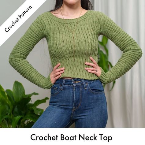 Check out our easy to follow crochet pattern here! Click here now! #crochet #crochetpattern #crochettutorial #crochetdiy Pinterest exclusive coupon code: get 20% off if you spend $19.99+. Use offer code "PIN20" 💖 Be sure to join us on YouTube, Instagram and check out my Etsy @TCDDIY Boat Neck Top Patterns, Crochet Boat, Crochet Long Sleeve Top, Crochet Long Sleeve Tops, Shrug Pattern, Crop Top Pattern, Boat Neck Top, Photo Pattern, Cardigan Design