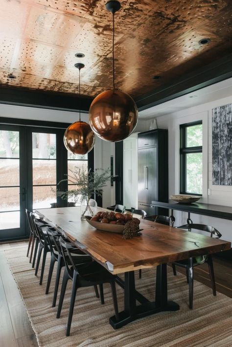 Textured Ceiling Ideas, Textured Ceiling, Craftsman Dining Room, Reclaimed Wood Ceiling, Wood Plank Ceiling, Barrel Ceiling, Plank Ceiling, Ceiling Texture, Fireplace Built Ins