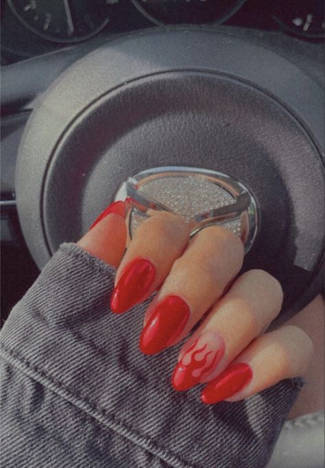 Red Nails With Line Design, Almond Nails Designs Flame, Fire Red Nails Design, Glitter Flames Nails, Red Nails Flame Design, Red Chrome Flame Nails, Flame Nails Almond Shape, Red Fire Nails Acrylic, Fire Nails Designs Red