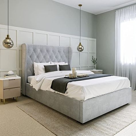 Gray Safina velvet king size ottoman bed with headboard studded with wings Chesterfield Headboard, Studded Headboard, Quilted Headboard, Winged Headboard, Bed Headboard Design, Tall Headboard, Headboard Styles, Velvet Headboard, Bedroom Furnishings