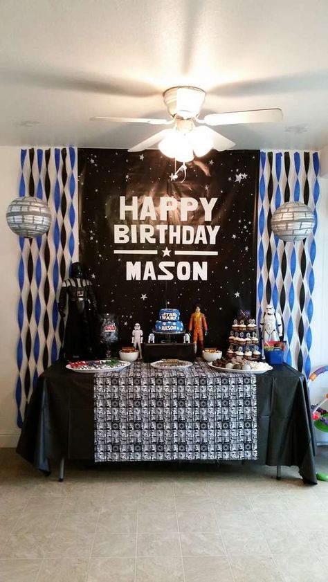 Mason's 4th Birthday | CatchMyParty.com Star Wars Themed Birthday Party, Lego Star Wars Party, Star Wars Theme Party, Johnny B, Party Styling, Star Wars Decor, Star Wars Birthday Party, Birthday Star, Birthday Party Tables