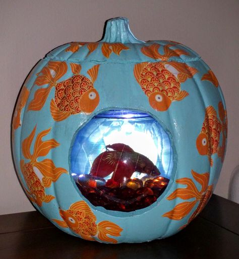 Something's Fishy Fish bowl pumpkin, decoupage, koi,led lights, beta, halloween Fish Tank Pumpkin Decorating, Pumpkin Fish Bowl, Fish Bowl Pumpkin, Aquarium Pumpkin, David Pumpkins, Pumpkin Decoupage, Pumpkin Fish, Pumpkin Competition, Decorating Pumpkins