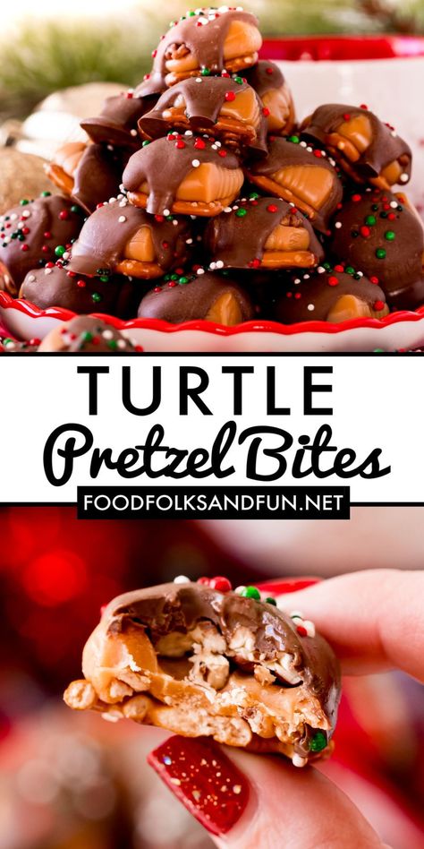 A fun twist on turtle candies, these easy Caramel Pretzel Turtles are made with pretzels, chewy caramels, pecans, and chocolate! Follow Food Folks and Fun for more Christmas dessert recipes! Christmas Dinner Finger Foods, Easy Christmas Goodies To Make, Pretzels Treats, Turtle Candies, Pretzel Turtles, Turtles Candy, Moms Recipes, Happy Habits, Easy Caramel