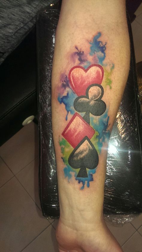 Club heart spade diamond playing card suit watercolour watercolor tattoo Dec Of Cards Tattoo, Rummy Card Tattoo, Heart And Spade Tattoo, King And Ace Card Tattoo, Diamond Card Suit Tattoo, Clubs Tattoo Card, Playing Card Tattoo Ideas, Deck Of Cards Tattoo, Spades Hearts Diamonds Clubs Tattoo