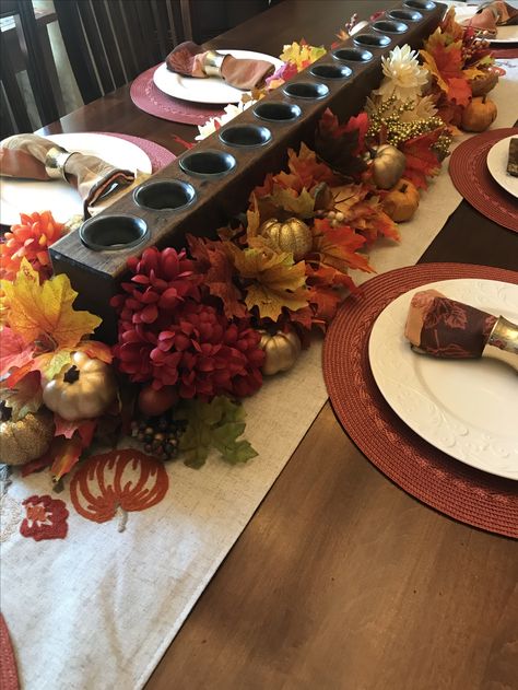 Fall table using a sugar mold centerpiece. Sugar Mold Centerpieces, Sugar Molds Decor, Sugar Mold, Center Pieces, Fall Table, Holiday Items, Molding, Table Settings, Dining Room