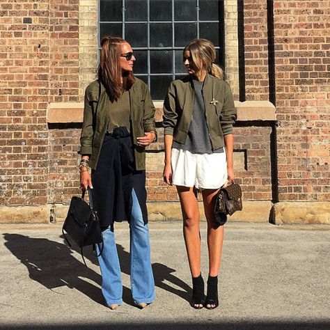 We both got the khaki memo today - with my love @elle_ferguson @theyallhateus wearing @scanlantheodore @paigedenim #IsabelMarant #celine #mbfwa thanks @maxmade for you know what x by tashsefton