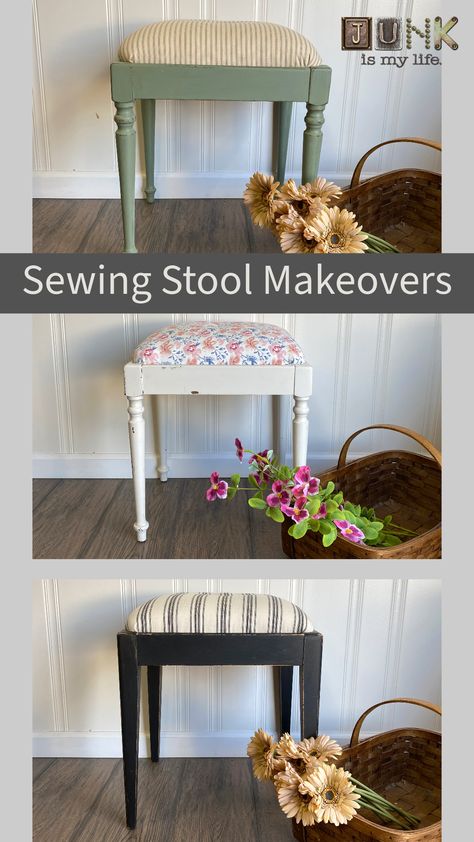 These little sewing stools can easily be found at garage sales, auctions and thrift stores. Giving them a makeover is even easier! I took three stools from my stash and gave them a makeover. Check it out! #junkismylife #fleamarketdecor #farmhousedecor #upcycled #repurposed #justjunk #fleamarketfinds #indianasmallbusiness #countrylivingmagazine #countryliving #thriftydecorinspo #saturdayfarmhousetour #farmhousetour #rustoleum #upcyclesquad #mycountryhome #ourthriftstoredecor #upcycle Vintage Sewing Stool Makeover, Bar Stools Upcycle, Diy Stools, Refurbished Vanity, Stool Makeover, Waverly Chalk Paint, Small Footstool, Diy Stool, Black Stool