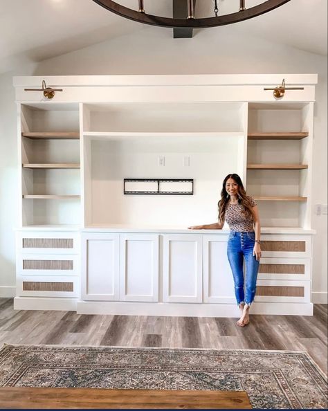 Built Ins In Vaulted Living Room, Built Ins Not Wall To Wall, Built In With Tall Ceilings, Living Room Built Ins With Vaulted Ceiling, Partial Wall Built Ins, Update Built In Shelves, Ikea Hack Entertainment Center Built Ins, Playroom Built Ins With Tv, Built In Shelves Playroom