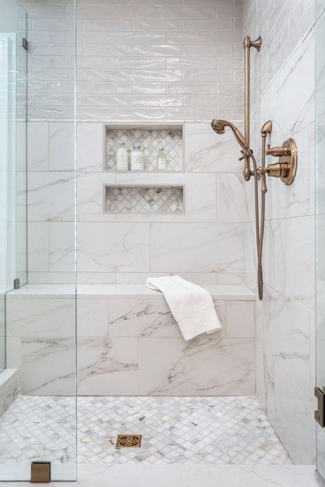 Greer Bath Remodel — Interior Designer Greenville SC | Allison Smith Interiors Tile For Shower Walls, Master Shower Tile, White Marble Bathrooms, Full Bathroom Remodel, Bathroom Shower Walls, Bathroom Gallery, Bathroom Redesign, Shower Walls, Master Bath Remodel