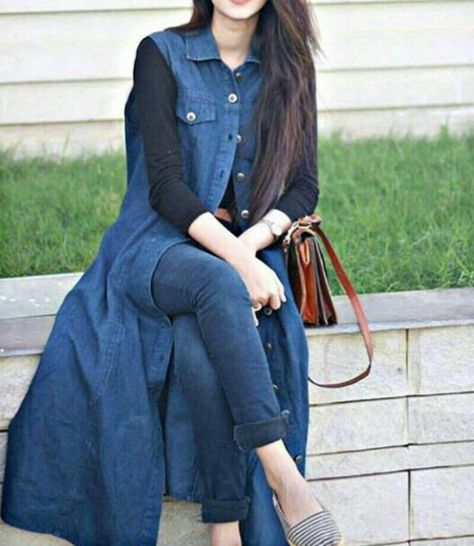 Look what I found...... Jeans With Kurti, Denim Shrug, Hidden Face Dp, Abaya Pattern, Long Shrug, Sana Javed, Short Frock, Hania Amir, Western Wear Outfits