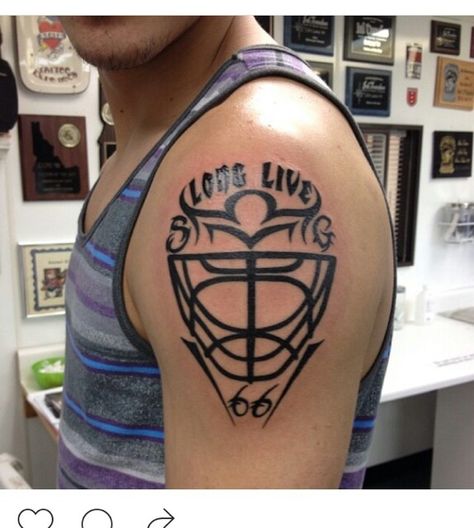 hockey goalie mask tattoo Field Hockey Tattoo, Hockey Tattoo Ideas, Hockey Tattoo, Sport Tattoos, Helmet Tattoo, Ancient Tattoo, Religious Tattoo, Hockey Mask, Goalie Mask