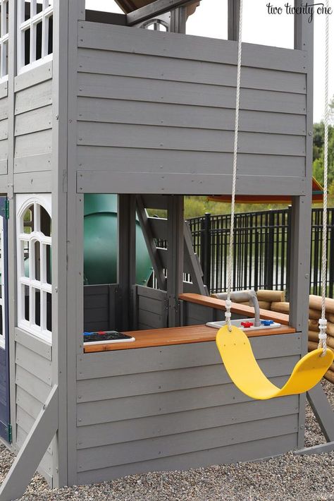 Painted Outdoor Swingset, Painted Playground Ideas, Gray Swingset, Diy Playset Outdoor Small Yard, Wooden Swingset Remodel, Under Playset Ideas Outdoor Play, Playset Painting Ideas, Refinishing Playset, Painting A Playset