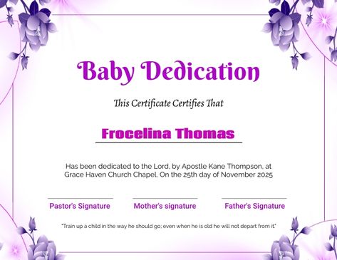 baby dedication certificate card Baby Dedication Certificate, Train Up A Child, Baby Dedication, Design