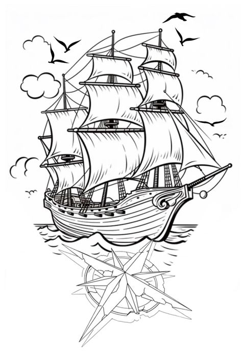 Pirate Ship Outline, Pirate Ships Drawings, Sailing Ship Illustration, Pirate Boat Drawing, Pirate Boat Tattoo, Titanic Drawing, Pirate Ship Drawing, Ship Sketch, Traditional Tattoo Stencils