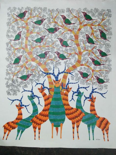 Gond, painted, painting, indian, good fortune, lines and dots, canvas, acrylic Colors, natural colour, Dravidian, Tekam, gangabai, deers, leave, Adishree, arts, crafts, paintings, Tribes In India, Simple Paint, Gond Art, Gond Painting, Gold Art Painting, Art Studio Room, Art Elements, Inspiration Painting, Beautiful Art Paintings