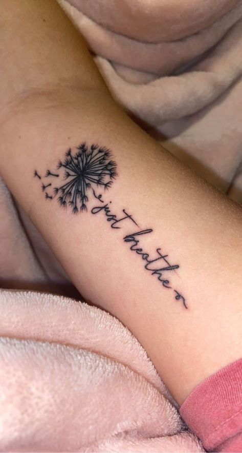 Make your life brighter with 62 completely unique and vivid dandelion tattoos! Bonus: reveal the tattoo’s meaning and where to get it. Just Breathe Quotes Tattoo, Just Breathe Dandelion Tattoo, Just Breathe Tattoos, Just Breathe Tattoos For Women, Shoulder Sleeve Tattoo, Dandelion Tattoo Quote, Someday Tattoo, Mental Health Tatoos Ideas, Breathe Tattoos