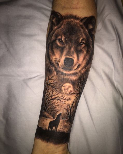 My first tattoo, wolf and forrest on forearm Wolf Tattoo Forearm, Howling Wolf Tattoo, Wolf Sleeve, Small Wolf Tattoo, Wolf Tattoos Men, Tattoo Wolf, Wolf Tattoo Sleeve, Bear Tattoos, Tattoo Inspiration Men