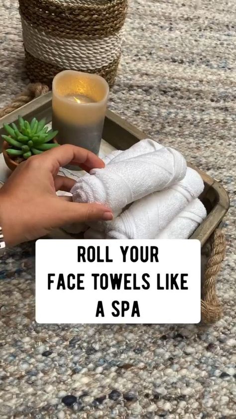 Roll Your Towels Like A Spa! | Hand towels bathroom, Bathroom towels display, Folding bathroom towels Folding Bathroom Towels, How To Roll Bath Towels, Bathroom Towels Display, Spa Vibes, Towel Display, Folding Towels, Bathroom Towel Decor, Packing Hacks Clothes, How To Roll Towels