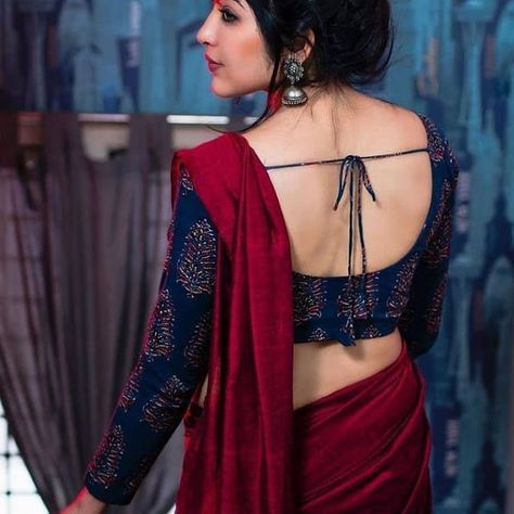 Cotton Saree With Full Sleeve Blouse, Dark Pink Saree, Dark Blue Saree, Blouse Sleeves Design, Saree Outfit, Saree Blue, Dark Blue Blouse, Fashionable Saree, Lace Blouse Design