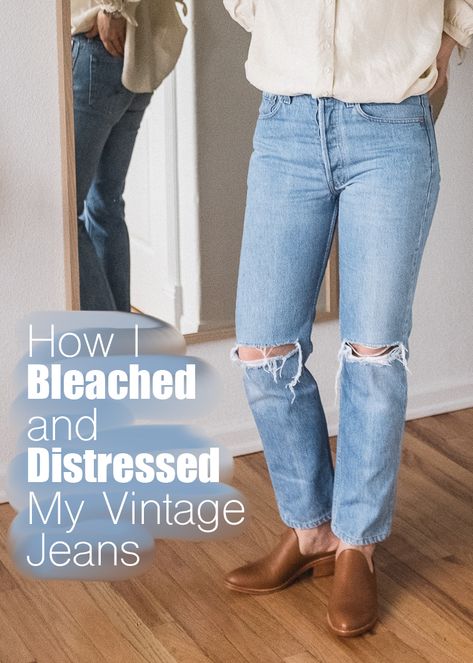 How I Bleached and Distressed My Vintage Jeans. They went from a 'little bland' to really good. 👌🏼 Diy Jean Distressing, How To Lighten Jeans Diy, How To Lighten Jeans, Bleaching Jeans Diy, How To Bleach Jeans Diy, Diy Bleached Jeans, Distressing Jeans Diy, How To Fade Jeans, How To Bleach Jeans