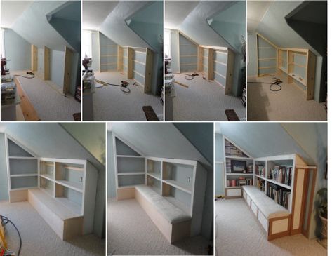 mom--upstairs hall built-in bookcases and alcove-003 Bonus Room Ideas Upstairs, Alcove Bookcase, Upstairs Library, Attic Room Ideas, Diy Bookcase, Bonus Room Design, Alcove Storage, Bookcase Plans, Bonus Room Ideas