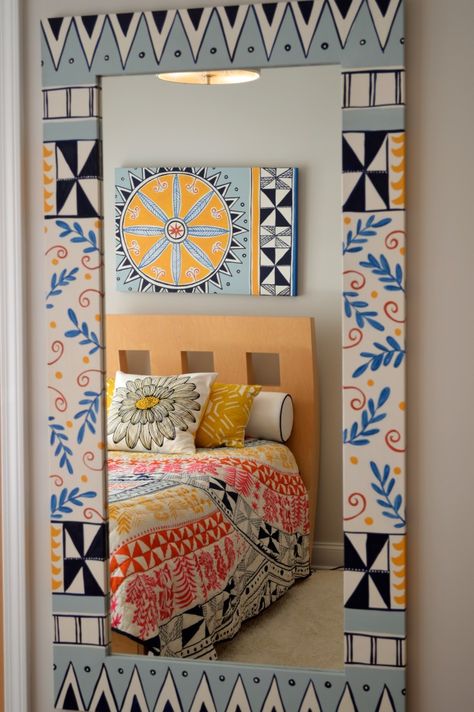 Bright colored bohemian chic teen bedroom makeover. Walls painted in @SherwinWilliams Crushed Ice and Mara Hoffman bedding from Anthropologie is the inspiration for the full length mirror and custom art canvas by Meme Hill Studio. Bohemian Wall Mirror, Bohemian Full Length Mirror, Wall Makeover Ideas, Mirror Wall Painting, Refurbished Mirror, Boho Teen Bedroom, Wall Mirror Ideas, Painted Mirrors, Teen Bedroom Makeover