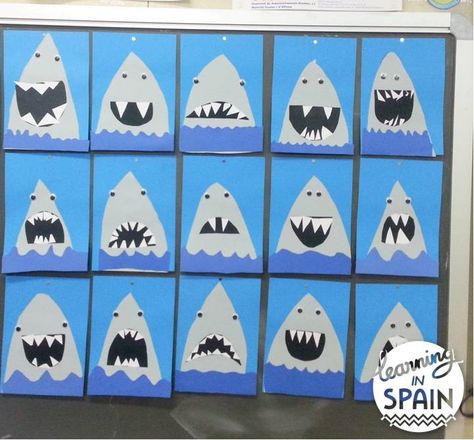 End of the year sharks - Learning in Spain Shark Craft, Summer Art Projects, Ocean Unit, Shark Art, Ocean Crafts, Kindergarten Art, Classroom Crafts, Camping Art, Ocean Themes