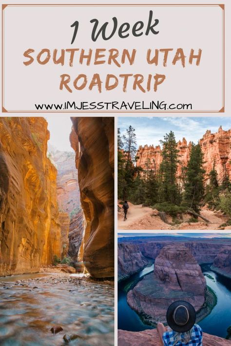 This is the ultimate southern Utah vacation.  This road trip takes you through several of Utah's National Parks including Zion and Bryce Canyon with I'm Jess Traveling South Utah Travel, Roadtrip Tips, American Roadtrip, Utah Hiking, Utah Trip, Southwest Travel, Utah Camping, Best National Parks, Utah Vacation