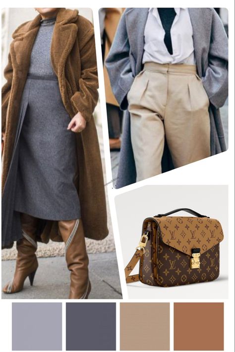 Color combination: Metis Reverse with camel and grey. Grey Matching Colors Outfit, Gray Color Combinations Outfit, Gray And Camel Outfit, Camel Booties Outfit, Grey And Camel Outfit, Camel And Grey Outfit, Camel Color Palette, Pochette Metis Reverse, Camel Outfit