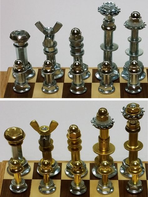 Hardware Chess Set, Diy Chess Set Handmade, Cool Chess Sets, Diy Chess Pieces, Diy Chess Set, Metal Chess Set, Welding Crafts, Welding Art Projects, Metal Art Diy