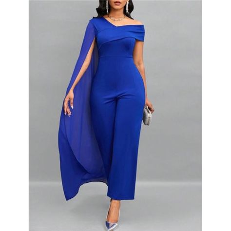 -Color: Blue -Style: Party -Pattern Type: Plain -Type: Wide Leg -Neckline: Asymmetrical Neck -Details: Contrast Mesh, Asymmetrical -Length: Long -Fit Type: Regular Fit -Sleeve Length: Short Sleeve -Waist Line: High Waist -Fabric: Slight Stretch -Material: Knitted Fabric -Composition: 95% Polyester, 5% Elastane -Care Instructions: Machine Wash Or Professional Dry Clean -Body: Unlined -Sheer: No Ships In 7-10 Days S = 2/4, M = 6/8 L=10/12 0x=12 1x=14 2x=16 3x=18 4x=20 Boho - Wedding - Chic - Glam - Modern - Vintage - Streetwear - Casual - Elegant - Trendy - Couture - Runway - Designer - Sustainable - Classic - Edgy - Minimalist - Preppy - Retro - Avant-Garde - High-Fashion - Urban - Sophisti Asymmetrical Jumpsuits And Rompers For Spring Evening, Asymmetrical Jumpsuit For Spring Evening, Fitted Jumpsuit With Asymmetrical Neckline For Spring, Spring Fitted Jumpsuit With Asymmetrical Neckline, Summer Party Jumpsuits With Asymmetrical Neckline, One Shoulder Jumpsuit For Summer Party, Elegant Blue Sleeveless Jumpsuits And Rompers, Asymmetrical Jumpsuits And Rompers For Evening Summer Events, Fitted V-neck Jumpsuit For Wedding Guests