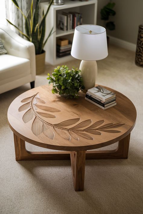 Check out this cozy living room featuring a stunning round wooden coffee table with beautiful leaf engravings! Perfect for adding natural charm.   Share your favorite wood designs with us! #woodworking #wood #handmade #woodworker #woodwork #diy #design #interiordesign #woodart #art #homedecor #furniture #wooddesign #carpentry #woodcraft #woodshop #woodcarving Round Wooden Coffee Table, Wooden Coffee Table, Cozy Living Rooms, Carpentry, Wood Shop, Wood Design, Wood Art, Wood Projects, Wood Crafts