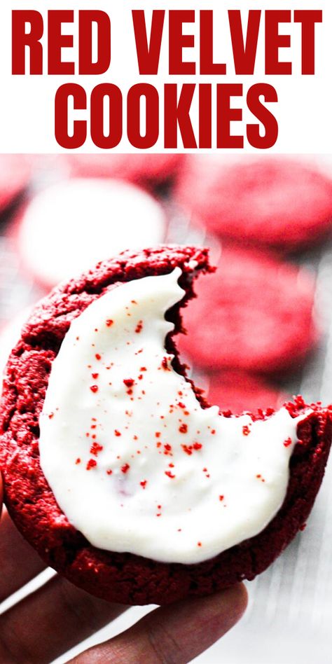 The best and easy chewy red velvet cookies from cake mix. This recipe is so quick to make, and the cream cheese frosting taste so good! Red Velvet Cake Cookies, Red Velvet Cake Mix Cookies, Red Velvet Cookie Recipe, Cookies With Cream Cheese Frosting, Butternut Bakery, Red Velvet Desserts, S Mores Cupcakes, Cookies With Cream Cheese, Velvet Cookies