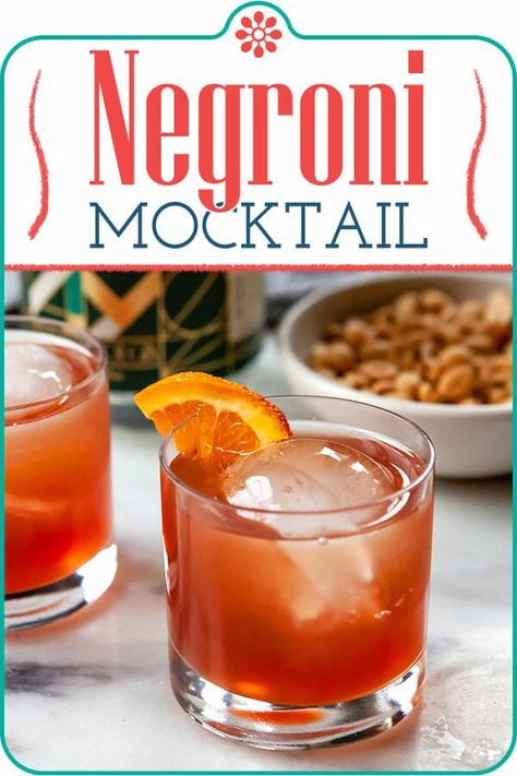 Non-Alcoholic Negroni (NAgroni)! All the delight of a negroni cocktail, but without the alcohol! This non-alcoholic negroni relies on alcohol-free gin and vermouth to make a cocktail that’s just as bold and delicious as the original. #simplyrecipes #mocktail #negroni #nonalcoholicdrink Mocktail With Orgeat, Non Alcoholic Bellini, Martini Mock Tail, Non Alcoholic Negroni, Classic Negroni Cocktail Recipe, Nonalcoholic Party Drinks, Orange Simple Syrup, Best Non Alcoholic Drinks, Negroni Recipe