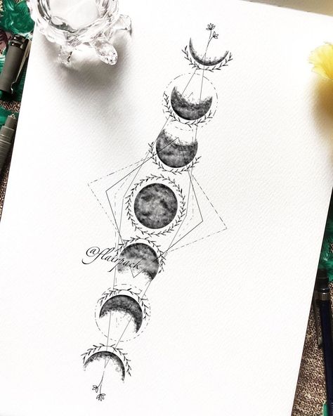 Compass And Moon Phases Tattoo, Moon Phase Arrow Tattoo, Moon Phase Sketch, Moon Phases Drawing Illustration, Phases Of Moon Tattoo, Moon Phases Drawing, Moon Phase Tattoo, Phases Of The Moon Tattoo, Moon Cycle Tattoo