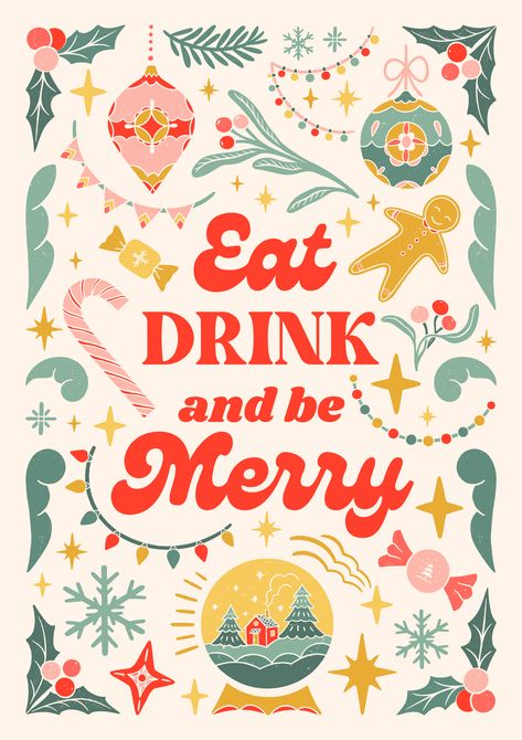 Retro Winter Illustration, Christmas Cookie Graphic, Retro Christmas Graphic Design, Holiday Design Inspiration, Winter Holiday Illustration, Christmas Party Poster Template, Christmas Drinks Illustration, Retro Christmas Graphics, Holiday Party Poster