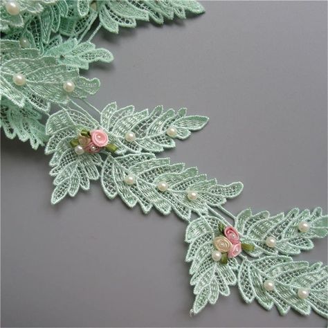 1 Yard Leaf Shape Flower Pearl Lace Edge Ribbon 7cm Width Green Trimmings Vintage Style Fabric Embroidered Applique Sewing Craft Wedding Bridal Dress Embellishment Party Decoration Clothes Embroidery: Amazon.co.uk: Kitchen & Home Bridal Ornaments, Embellishment Ideas, Clothes Embroidery, Applique Sewing, Wedding Bridal Dress, Student Christmas Gifts, Wet Felting Projects, Pearl Lace, Embellishment Diy