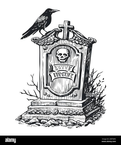 Rip Drawing Ideas Easy, Cemetery Drawing, Raven Sketch, Haunted Mansion Halloween, Bff Tattoos, Hand Drawn Vector Illustrations, Halloween Drawings, Hand Drawn Vector, Sketches Easy