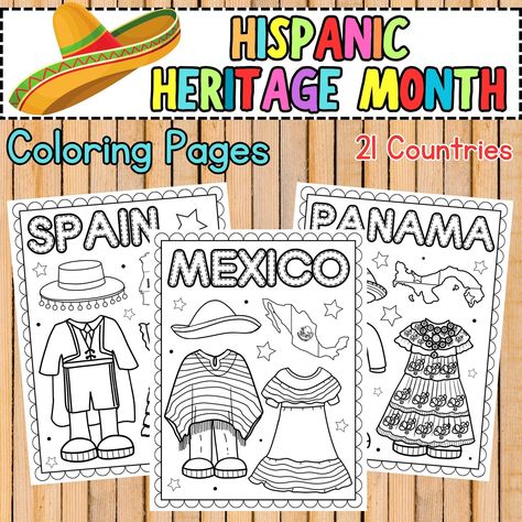 Let your young students learn about Hispanic countries in a simple and fun way with this Pretty Hispanic Countries Coloring Pages. Countries included: Spain, Mexico, Costa Rica, El Salvador, Guatemala, Honduras, Nicaragua, Panama, Cuba, the Dominican Republic, Puerto Rico, Argentina, Bolivia, Chile, Colombia, Ecuador, Paraguay, Peru, Uruguay, Venezuela, and Equatorial Guinea. 🌸INCLUDED🌸    1) A PDF File Includes 21 Pages.    2) Size: 8.5x11 Inch.    3) Total Countries 21. 🌸RETURNS🌸 There are Hispanic Heritage Month Preschool, Hispanic Heritage Month Crafts Preschool, Hispanic Heritage Month Art Projects, Spanish Heritage Month Activities, Spanish Heritage Month, Month Coloring Pages, Hispanic Heritage Month Crafts, Latina Culture, Hispanic Countries