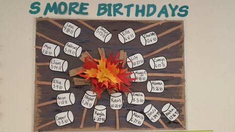 Summer smores preschool birthday bulletin board                                                                                                                                                      More Smores Bulletin Board Ideas, Camping Birthday Board Classroom, Summer Birthday Bulletin Board Ideas, School Birthday Bulletin Board Ideas, Teacher Birthday Board Ideas, Smores Bulletin Board, Smore Bulletin Board, March Birthday Bulletin Boards, Summer Birthday Bulletin Boards