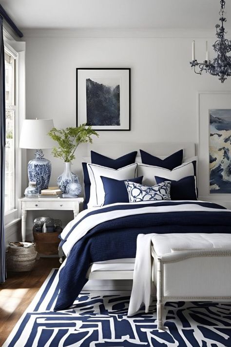 exemple deco chambre adulte bleu et blanc chic linge de lit tableau tapis lampe accessoires décoratifs White And Navy Bedroom, Granny Bedroom, Navy Blue And White Bedroom, Blue And White Bedroom Decor, Navy And White Bedroom, Bedroom Reset, Navy Bedroom Ideas, White Bedroom Decor Ideas, Royal Blue Bedrooms