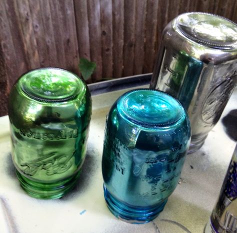 Painted Candle Jars, Krylon Looking Glass Spray Paint, Painting Wood White, Looking Glass Paint, Krylon Looking Glass, Looking Glass Spray Paint, Glass Spray Paint, Easy Mason Jar Crafts, Crafts With Glass Jars