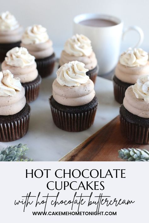 Hot Chocolate Cupcakes have all the flavor of hot chocolate in a cupcake form. Moist chocolate cupcakes swirled with hot chocolate buttercream frosting and vanilla whipped cream with a sprinkle of hot chocolate mix. Hot Cocoa Buttercream Frosting, Hot Chocolate Buttercream Frosting, Cupcake Recipes Winter, Gourmet Mini Cupcakes, Chocolate Bar Cupcakes, Lindt Truffle Cupcakes, Hot Cocoa Cupcakes With Marshmallow, Hot Coco Cupcake, Holiday Flavored Cupcakes