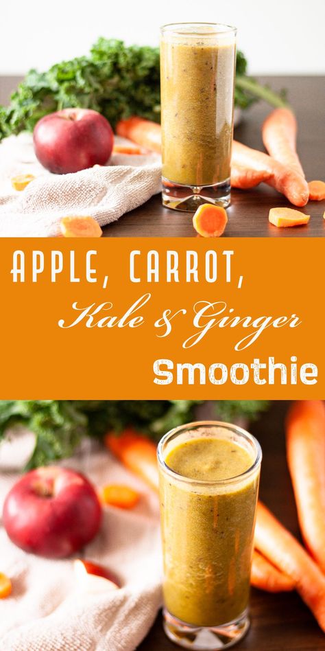 Carrot Apple Ginger Smoothie, Apple Ginger Smoothie, Kale Smoothie Recipes, Easy Smoothie Recipe, Plant Based Smoothies, Smoothie Recipies, Kale Juice, Carrot Smoothie, Apple Smoothie