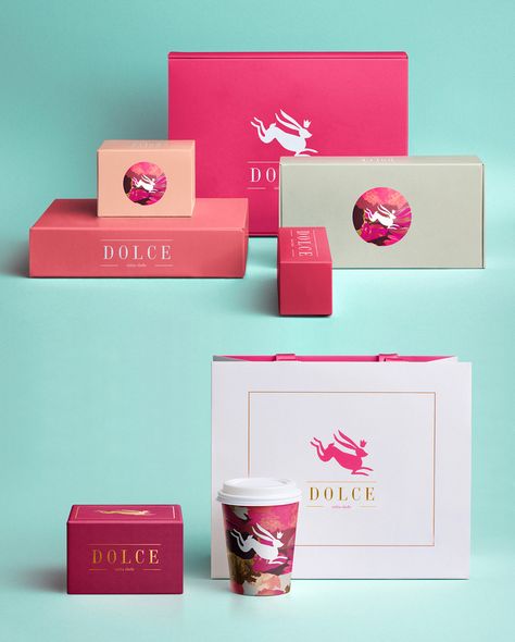 Welcome to a dreamland of pastries and sweets! Dolce is a cake shop and  bakery in Belgrade, Serbia, that mixes a modern approach with a traditional  background. Cookies Store, Cake Branding, Bakery Branding, Dessert Packaging, Bakery Packaging, Cake Packaging, Modern Color Palette, Box Packaging Design, Chocolate Packaging